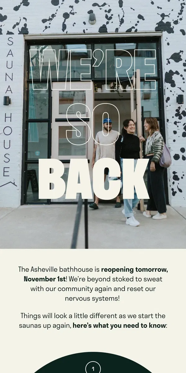 Email from Sauna House. The bathhouse is reopening!