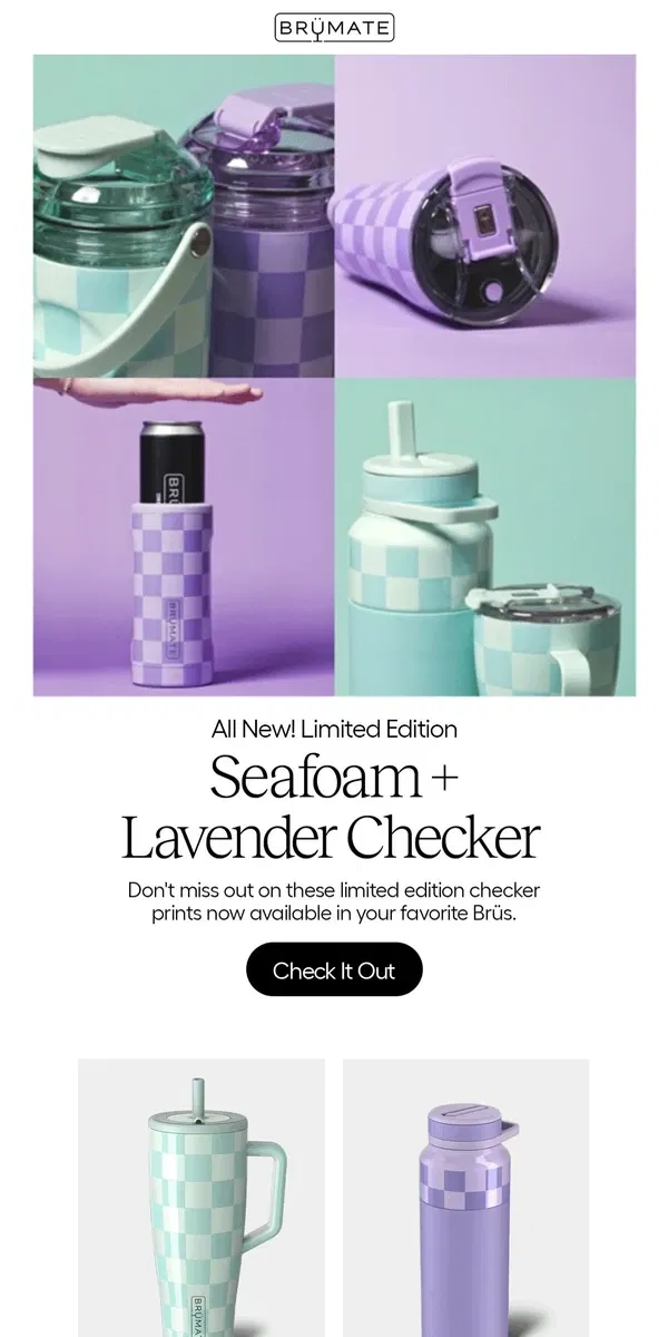 Email from BruMate. JUST IN! Seafoam + Lavender Checker