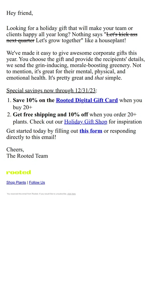 Email from Rooted. 10% off corporate + client gifts this season 🎁🪴