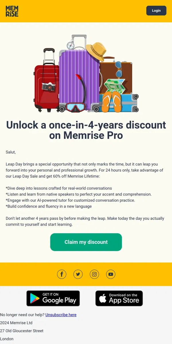 Email from Memrise. 🚀 24-Hour Leap Day Sale: 60% Off Memrise Lifetime 🚀