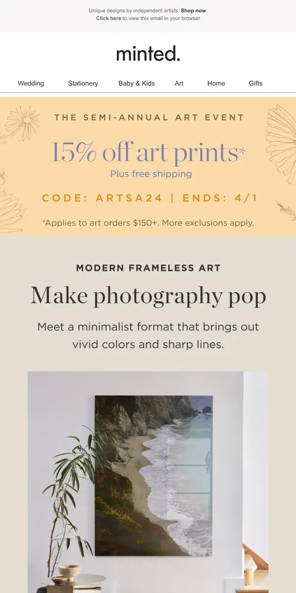 Email from Minted. 15% off gallery-ready modern art