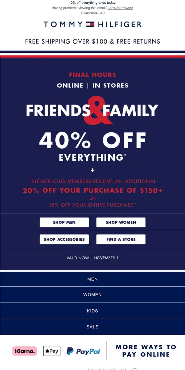 Email from Tommy Hilfiger. 📢 FINAL HOURS for Friends & Family