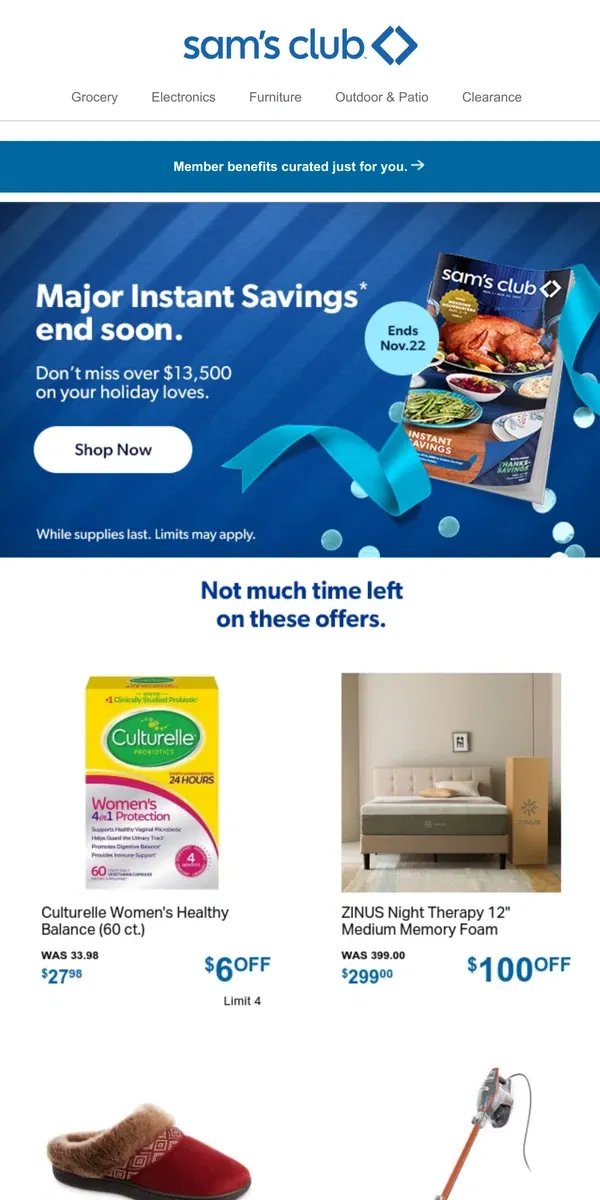 Email from Sam's Club. Last lap for Instant Savings!