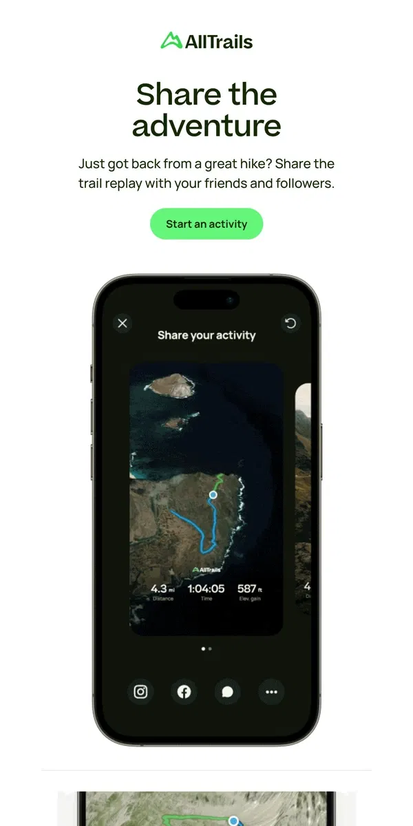 Email from AllTrails. NEW! Replay and share your epic adventures