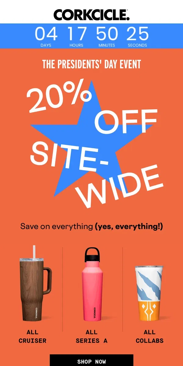 Email from CORKCICLE. 20% Off Sitewide Presidents’ Day Sale