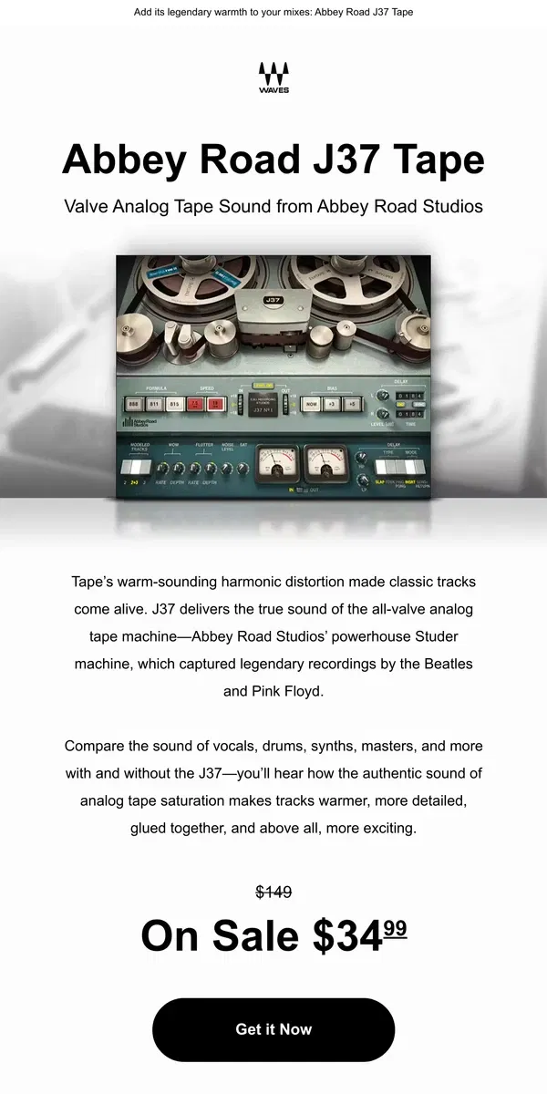 Email from Waves Audio. The Machine that Recorded The Beatles, Pink Floyd & more