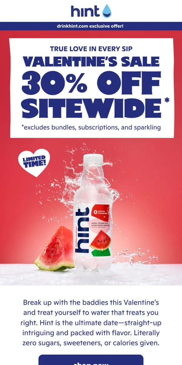 Email from Hint Water. Taste the love 💗 30% off sitewide