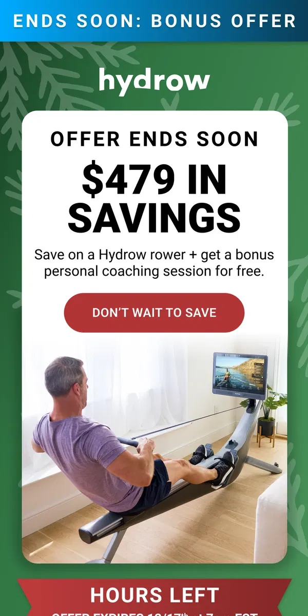 Email from Hydrow. Quick! Claim your bonus offer