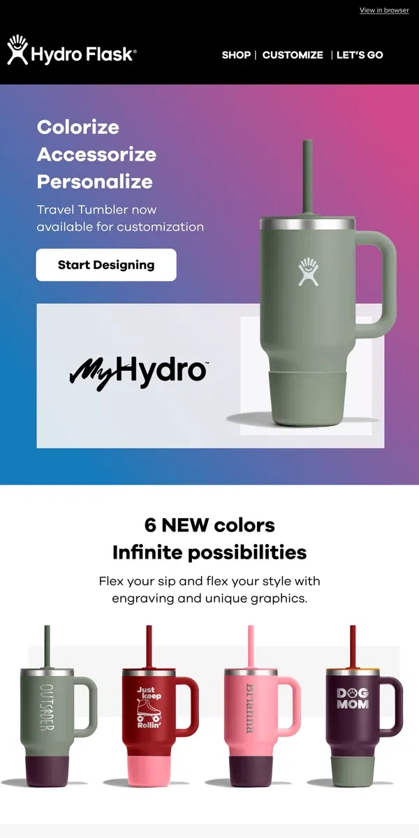 Email from Hydro Flask. Customize your Travel Tumbler