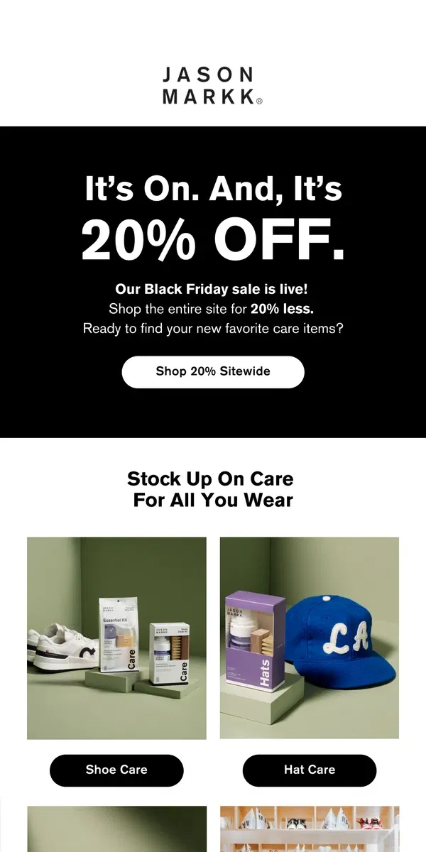 Email from Jason Markk. 🚨20% off sitewide for Black Friday🚨