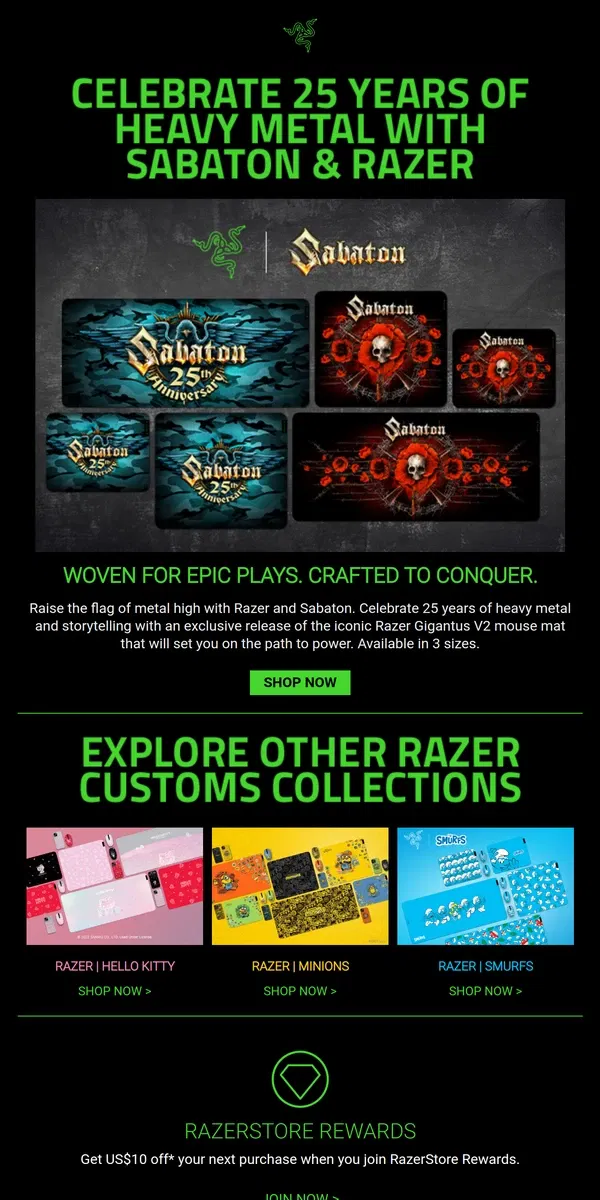 Email from Razer. Celebrate 25 Years of Heavy Metal with Sabaton