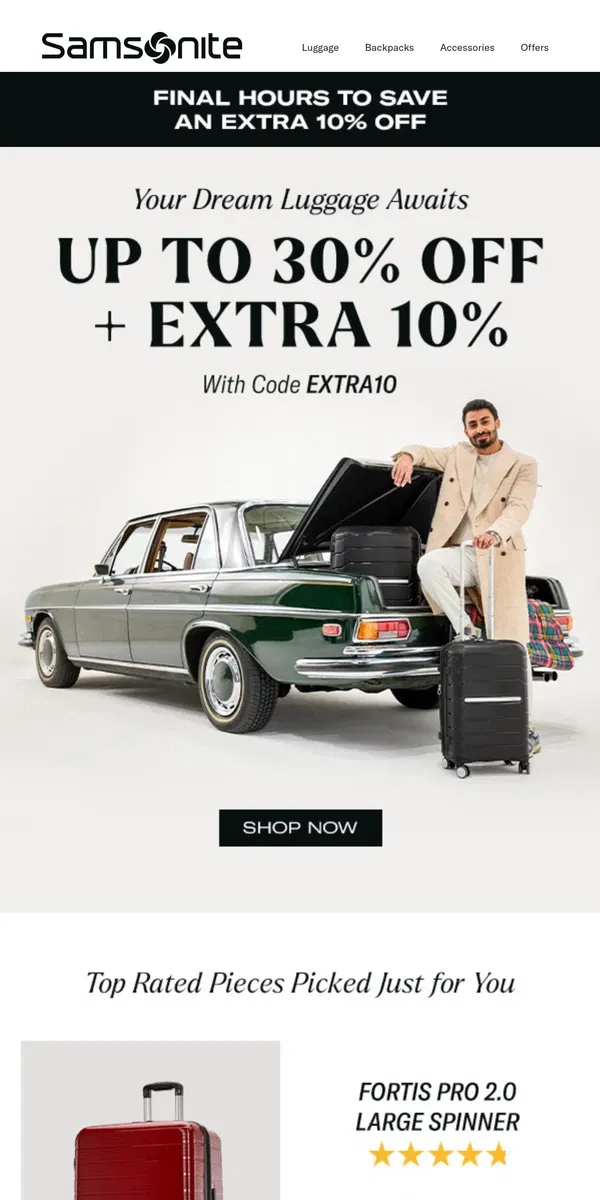 Email from Samsonite. Final Hours for Up to 30% Off + Extra 10% Off