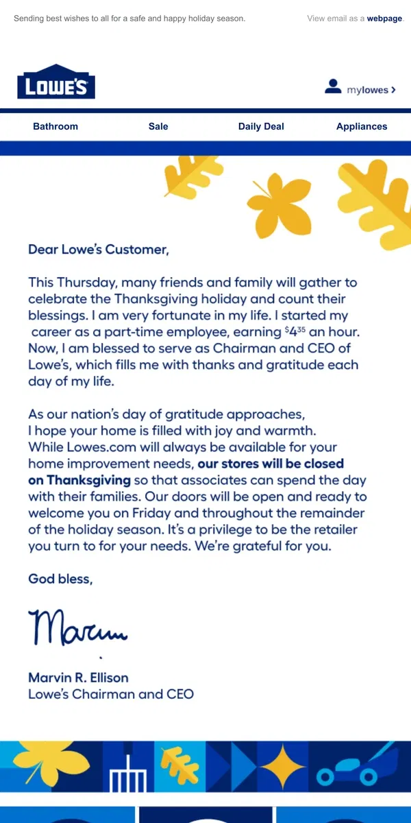 Email from Lowe's. A holiday message from our CEO, Marvin Ellison.