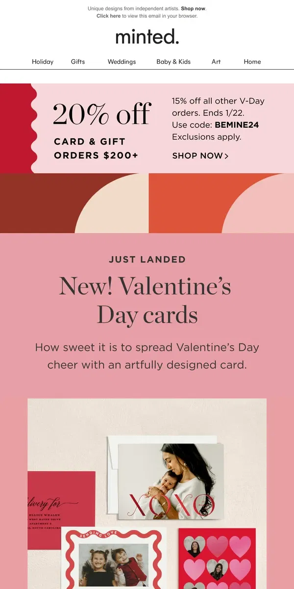 Email from Minted. Just launched: Valentine’s Day cards