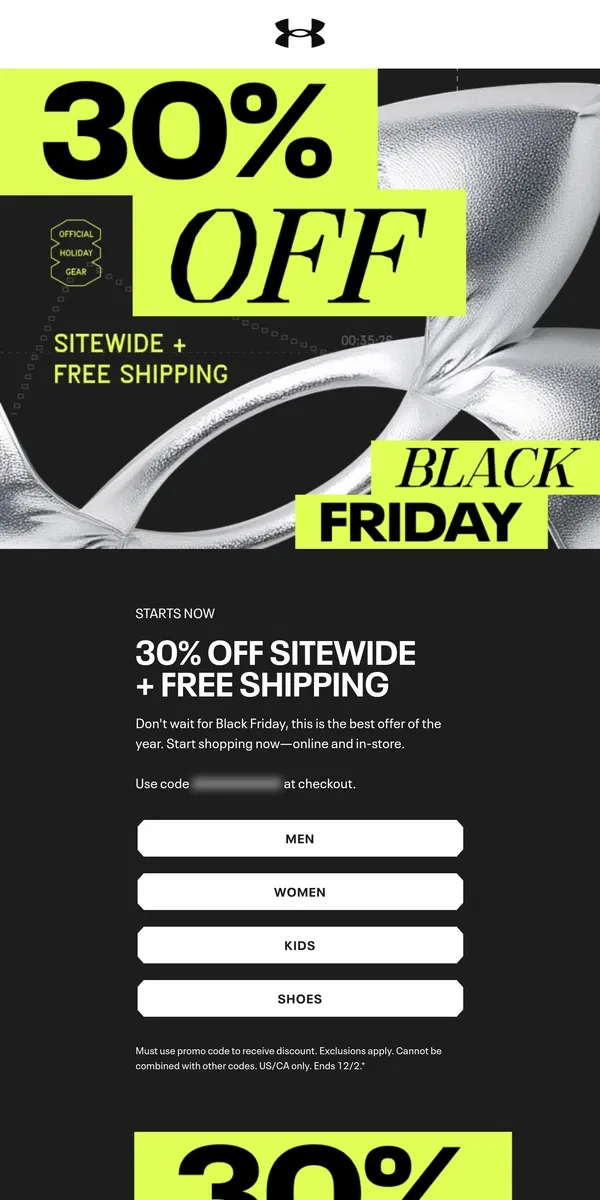 Email from Under Armour. 30% off sitewide + free shipping