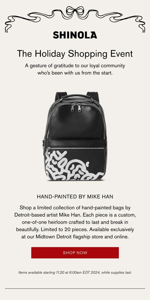 Email from Shinola Detroit. Starting Today: The Holiday Shopping Event