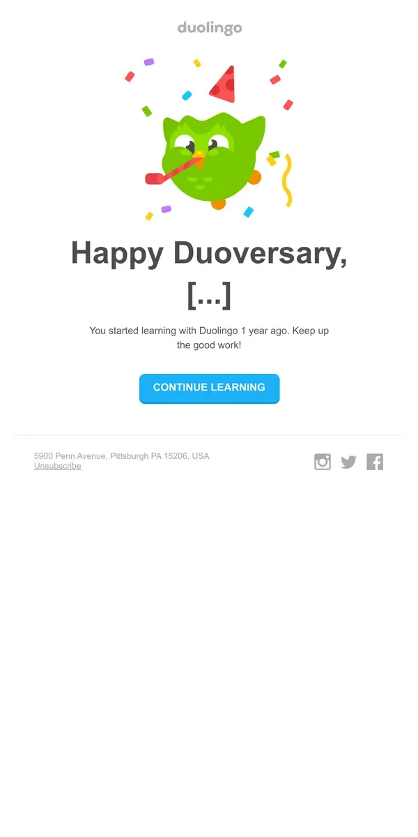 Email from Duolingo. It's your Duoversary! 🎂