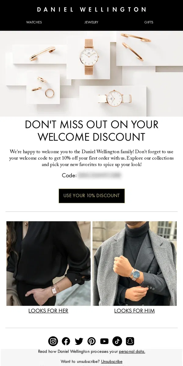 Email from Daniel Wellington. Don't miss out on your welcome discount ☀️