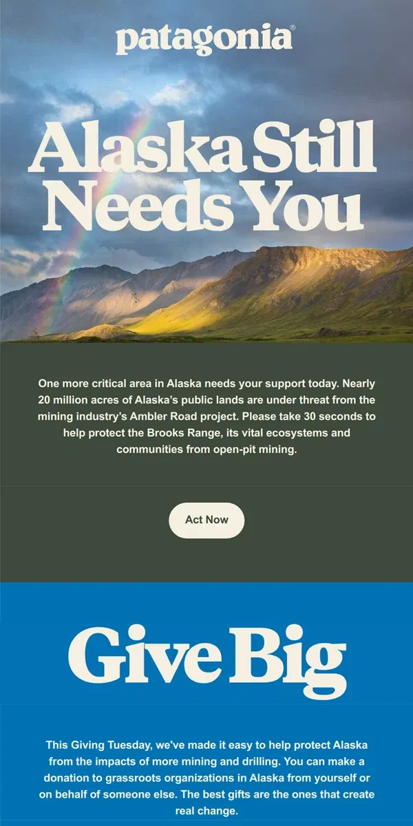 Email from Patagonia. Make a difference in Alaska