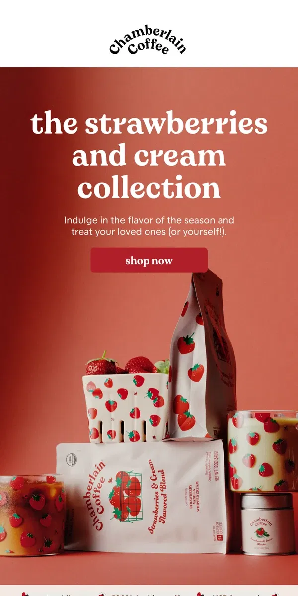 Email from Chamberlain Coffee. freshly picked: strawberries and cream