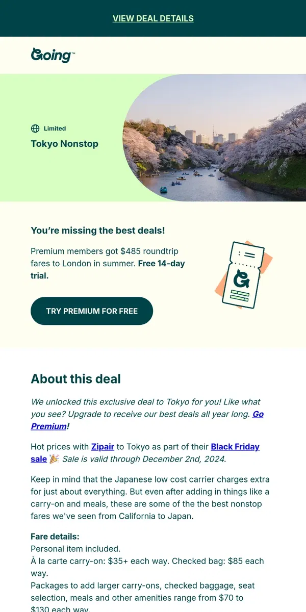 Email from Going. 🤩 *Premium, nonstop* Tokyo —  $426 (Nov-Mar)