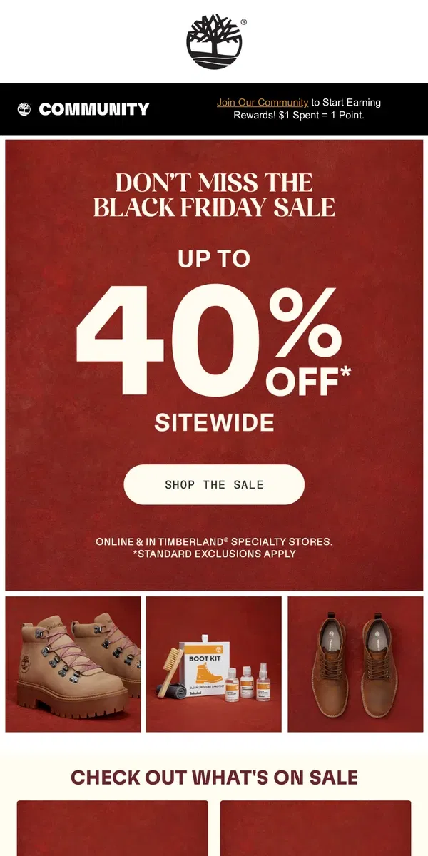 Email from Timberland. UP TO 40% OFF: Black Friday Sale Is ON!