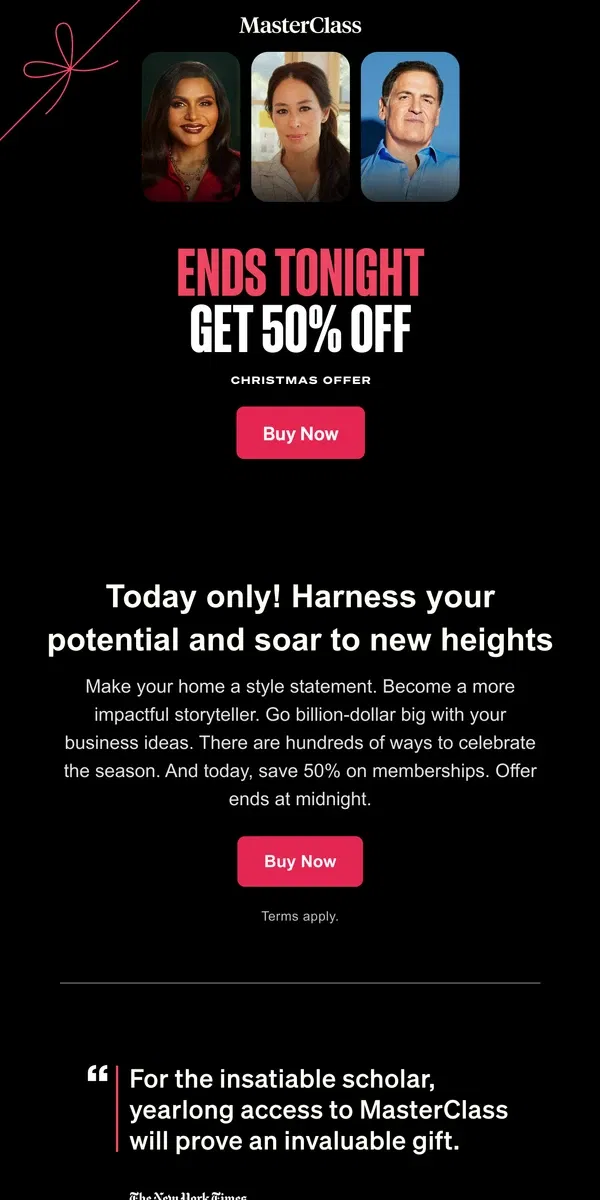 Email from Masterclass. Today only: 50% off Christmas Sale