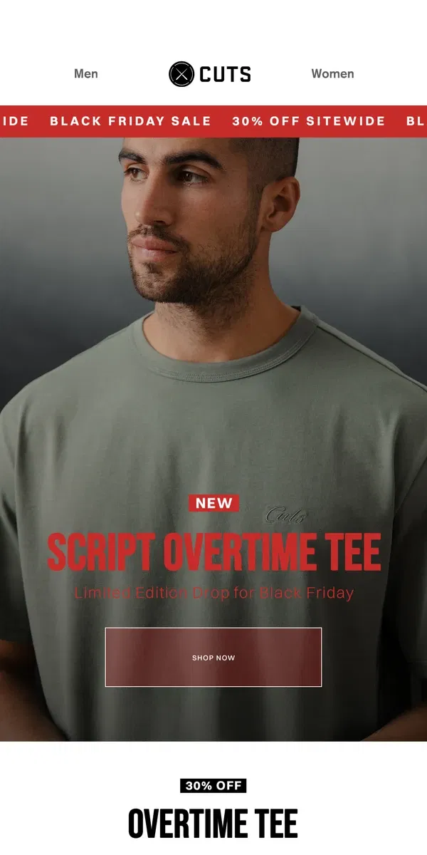 Email from Cuts. NEW Limited Edition Drop: Script Overtime Tee