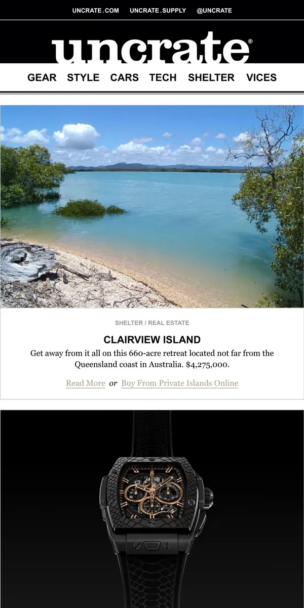 Email from Uncrate. Clairview Island & more