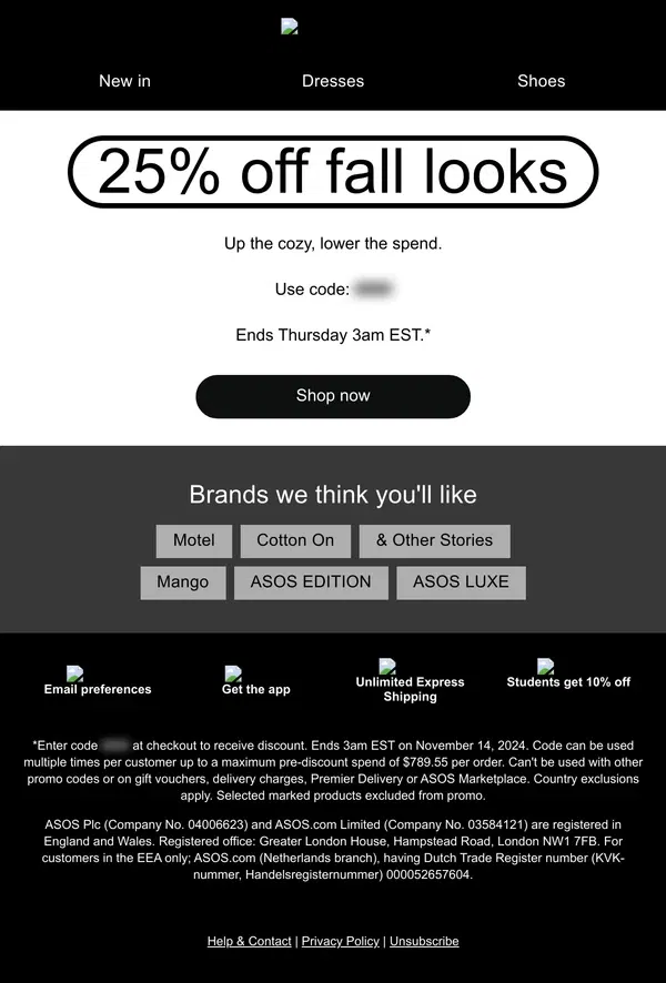 Email from ASOS. 25% off fall looks