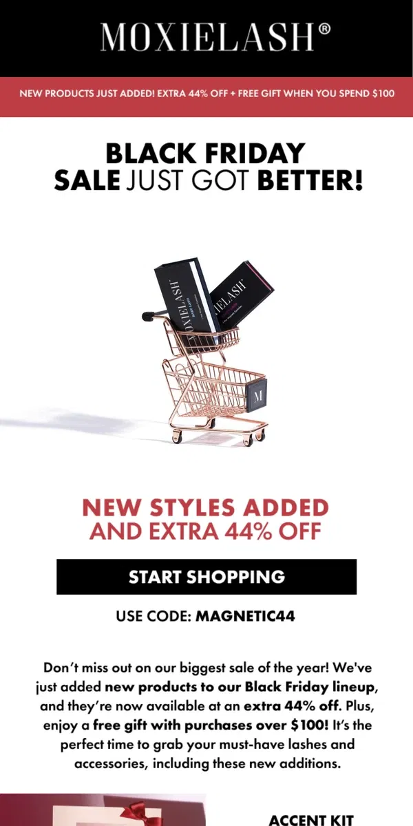 Email from MoxieLash. Black Friday Just Got Better! New Styles + Extra 44% Off!