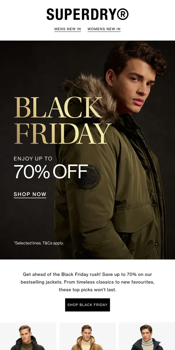 Email from Superdry. Bestselling Jackets: Black Friday Offer