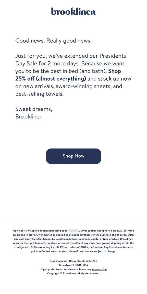 Email from Brooklinen. Surprise! SALE EXTENDED Just for You.