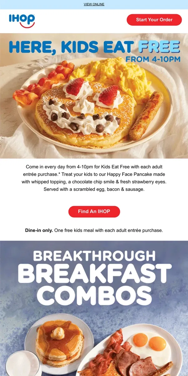 Email from IHOP. Kids Eat Free Everyday.