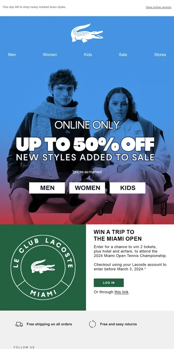 Email from Lacoste. EXTENDED — Up to 50% off Ends Tonight