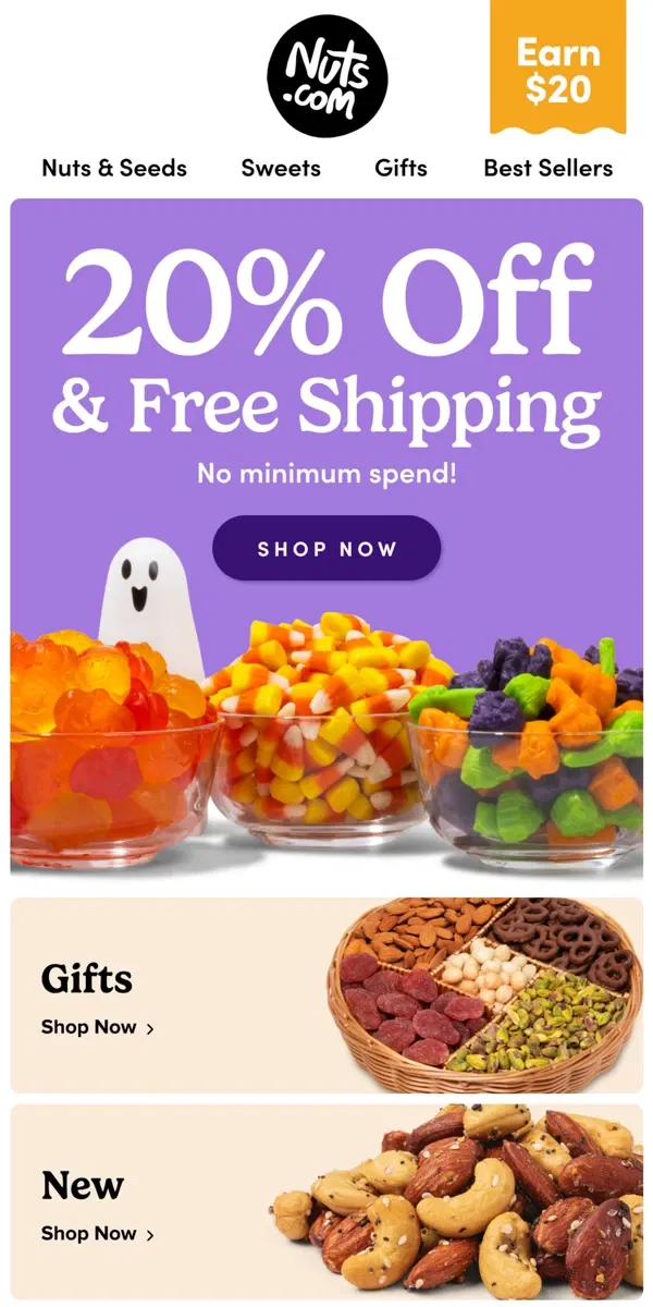 Email from Nuts.com. 20% OFF & FREE SHIPPING ALERT