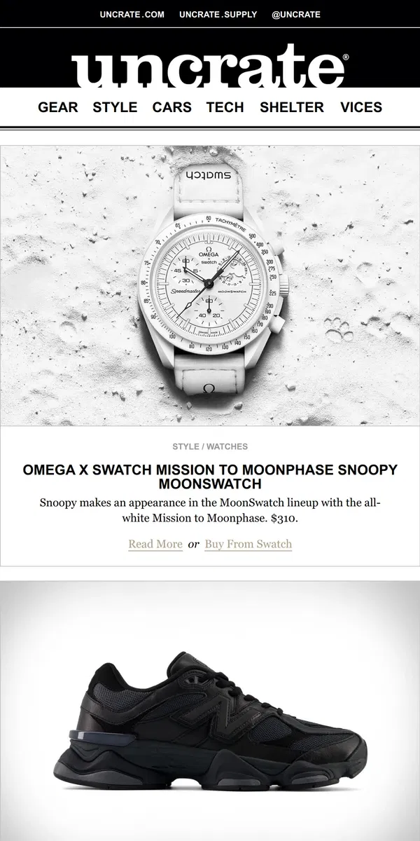 Email from Uncrate. OMEGA x Swatch Mission to Moonphase Snoopy MoonSwatch & more