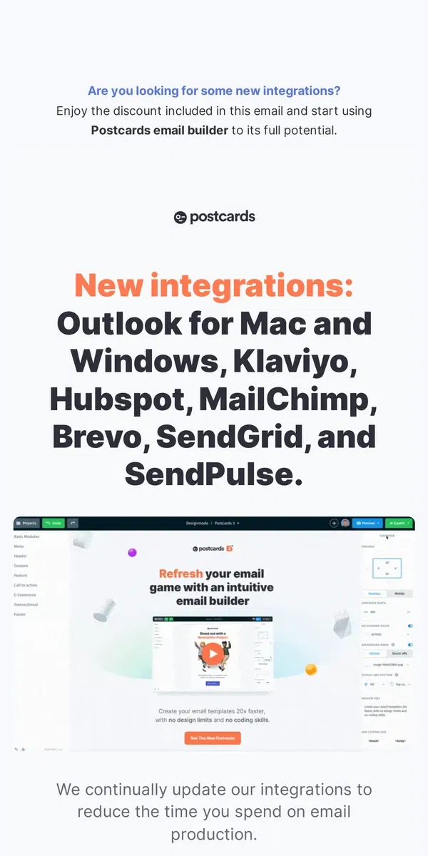 Email from Designmodo. New integrations: Outlook for Mac and Windows, Klaviyo, Hubspot, MailChimp, Brevo, SendGrid, and SendPulse.