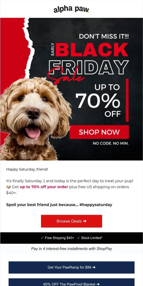 Email from Alpha Paw. Saturday Shopping, Fur Baby Edition 🐕🛒