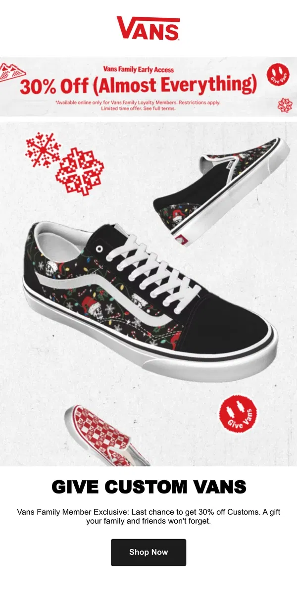 Email from Vans. Early Access to Black Friday Means 30% Off Customs!