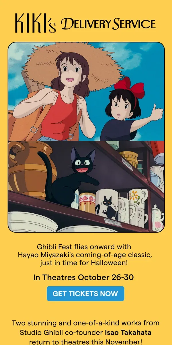 Email from GKIDS. KIKI'S DELIVERY SERVICE is back on the big screen for Halloween