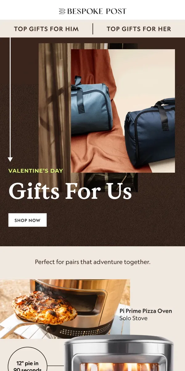 Email from Bespoke Post. V-Day Gifts for Couples That Cook, Camp, and More