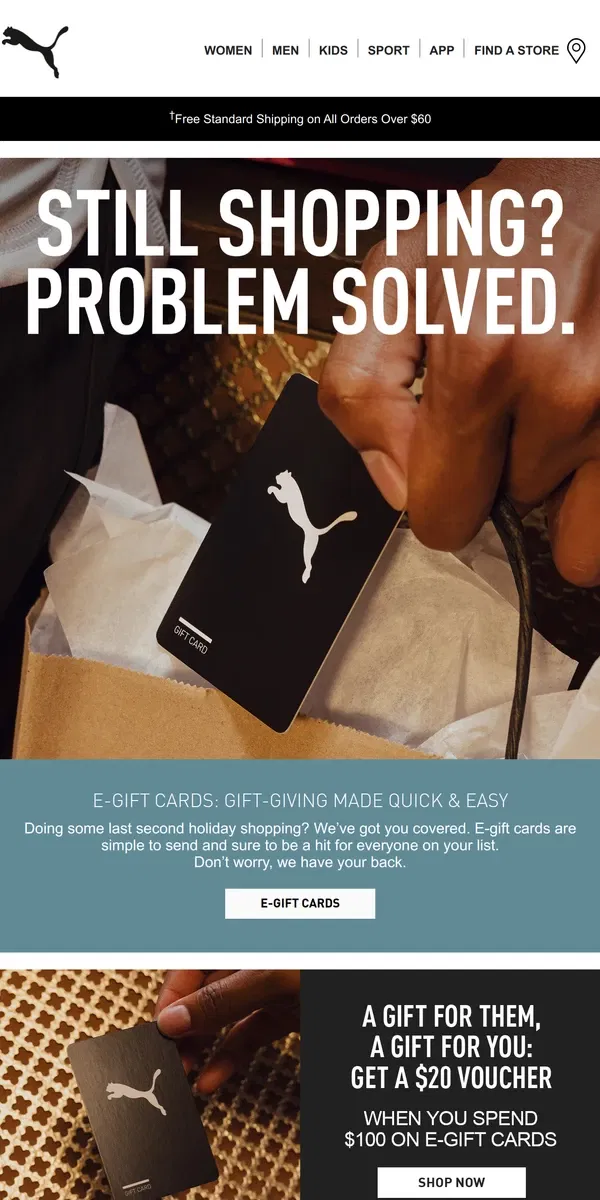 Email from Puma. E-Gift Cards: Fits Everyone On Your List