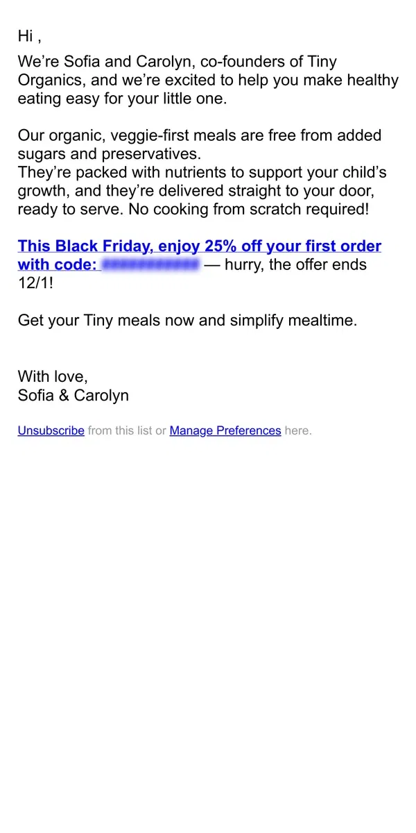 Email from Tiny Organics. , don't miss 25% off!