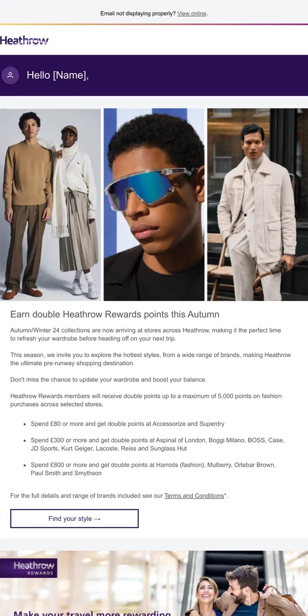 Email from Heathrow Airport. [Name], last chance to double your Heathrow Rewards points with fashion