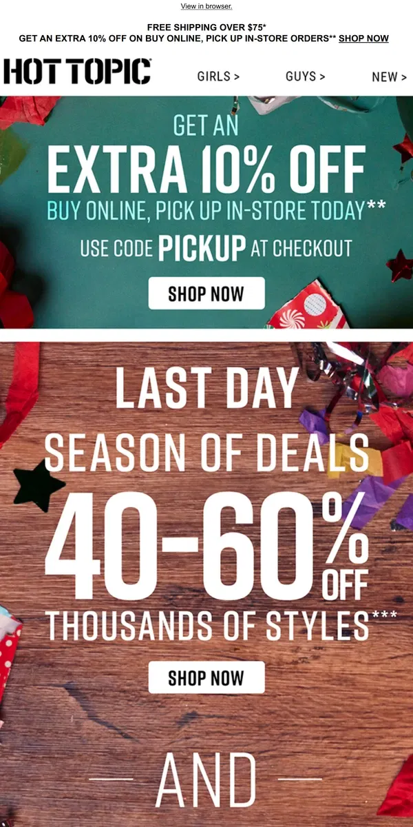 Email from Hot Topic. 🚨 LAST DAY: 40%-60% Off thousands of gifts 🚨