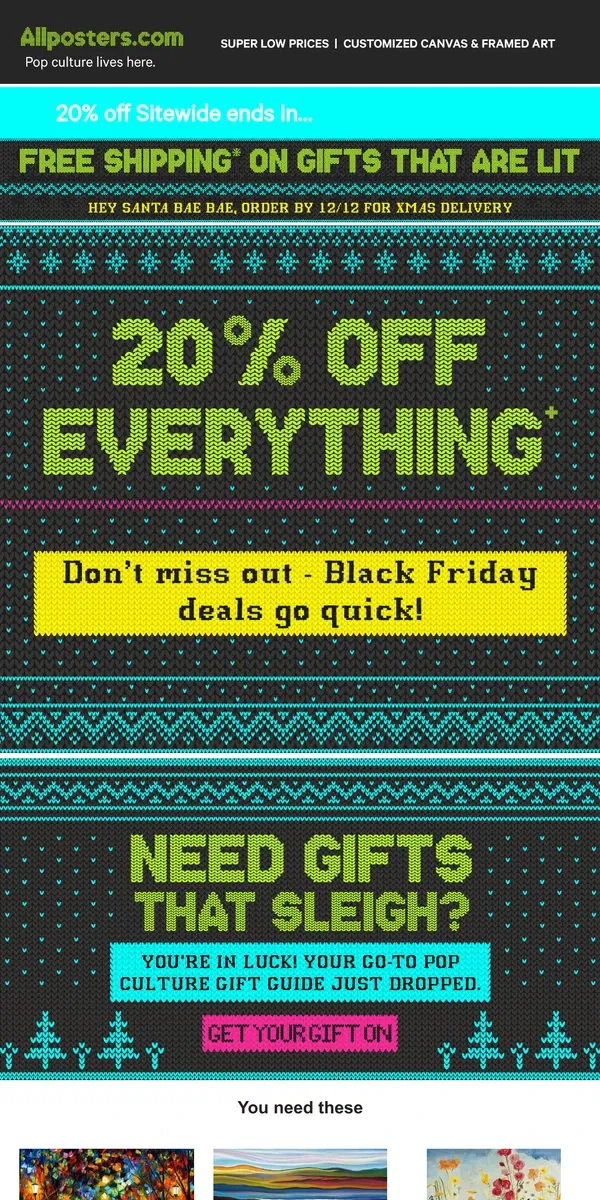 Email from AllPosters. 🏁 Ready, Set, 20% OFF EVERYTHING!+