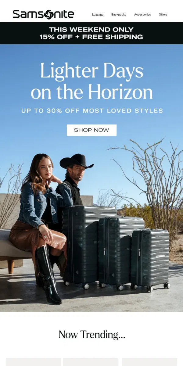 Email from Samsonite. Free Shipping Weekend + Extra 15% Off