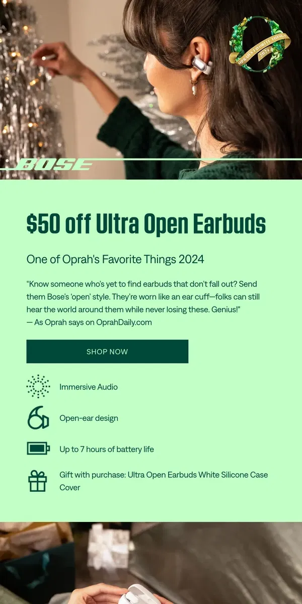 Email from Bose. Oprah's Favorite Things: Ultra Open Earbuds