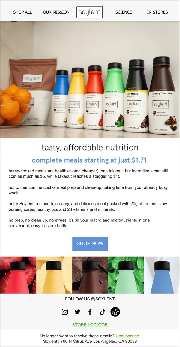 Email from Soylent. forget the takeout: nutritious meals under $5